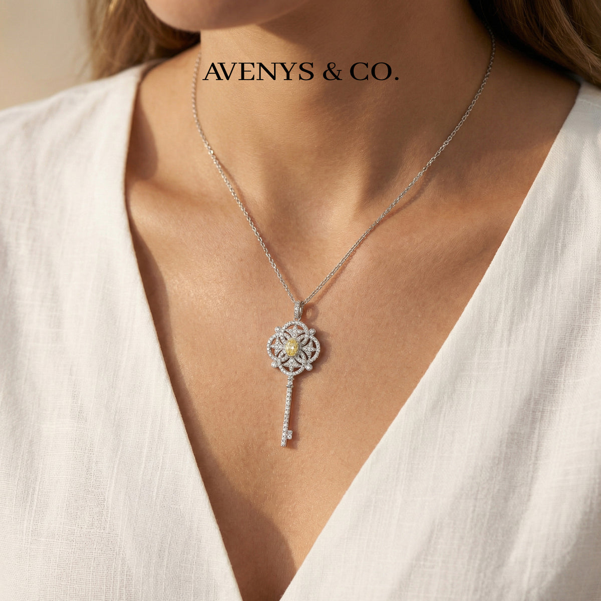 Key Necklace with White Round Stone – on White Gold