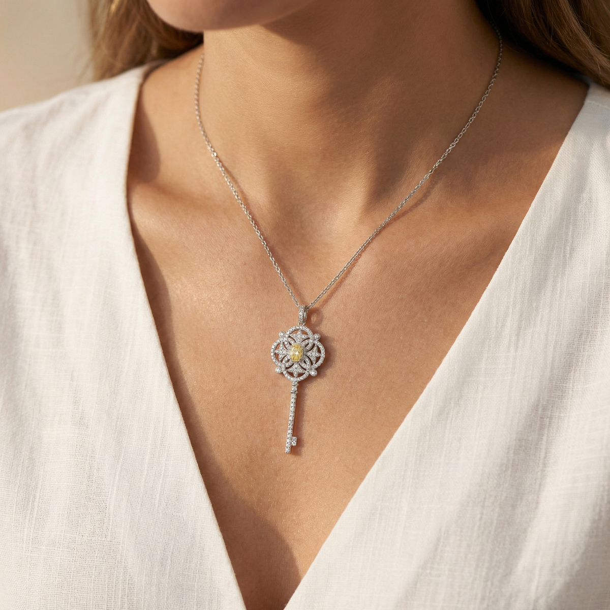 Key Necklace with White Round Stone – on White Gold