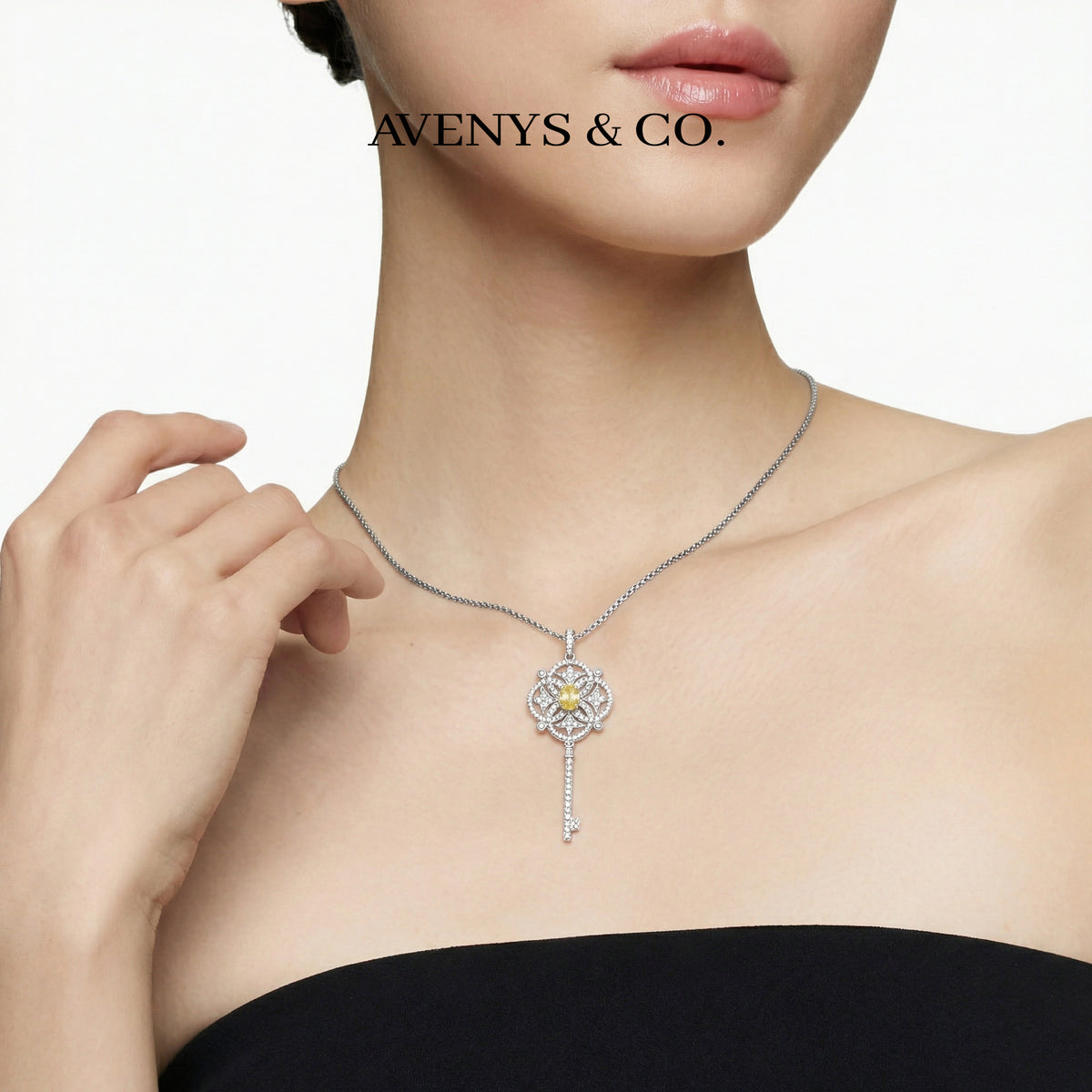 Key Necklace with White Round Stone – on White Gold