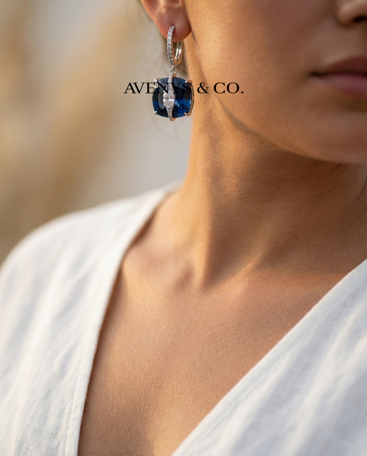 Embrace Pave Earrings with Blue Cushion Stone – on White Gold