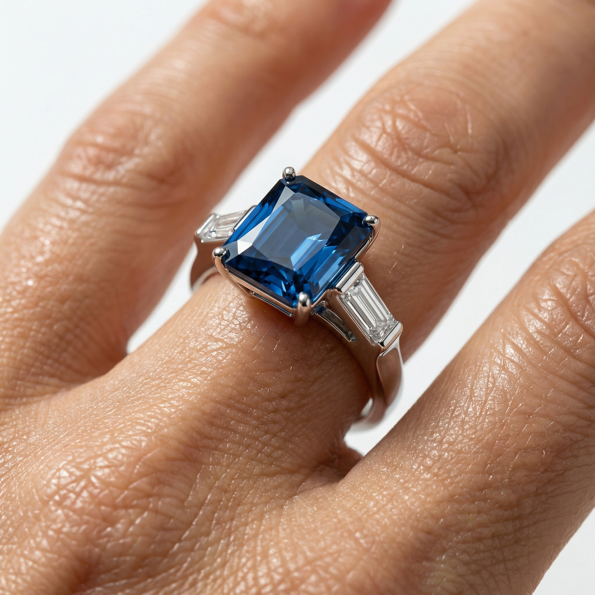 Radiant Trilogy Ring with Blue Radiant Stone – on White Gold
