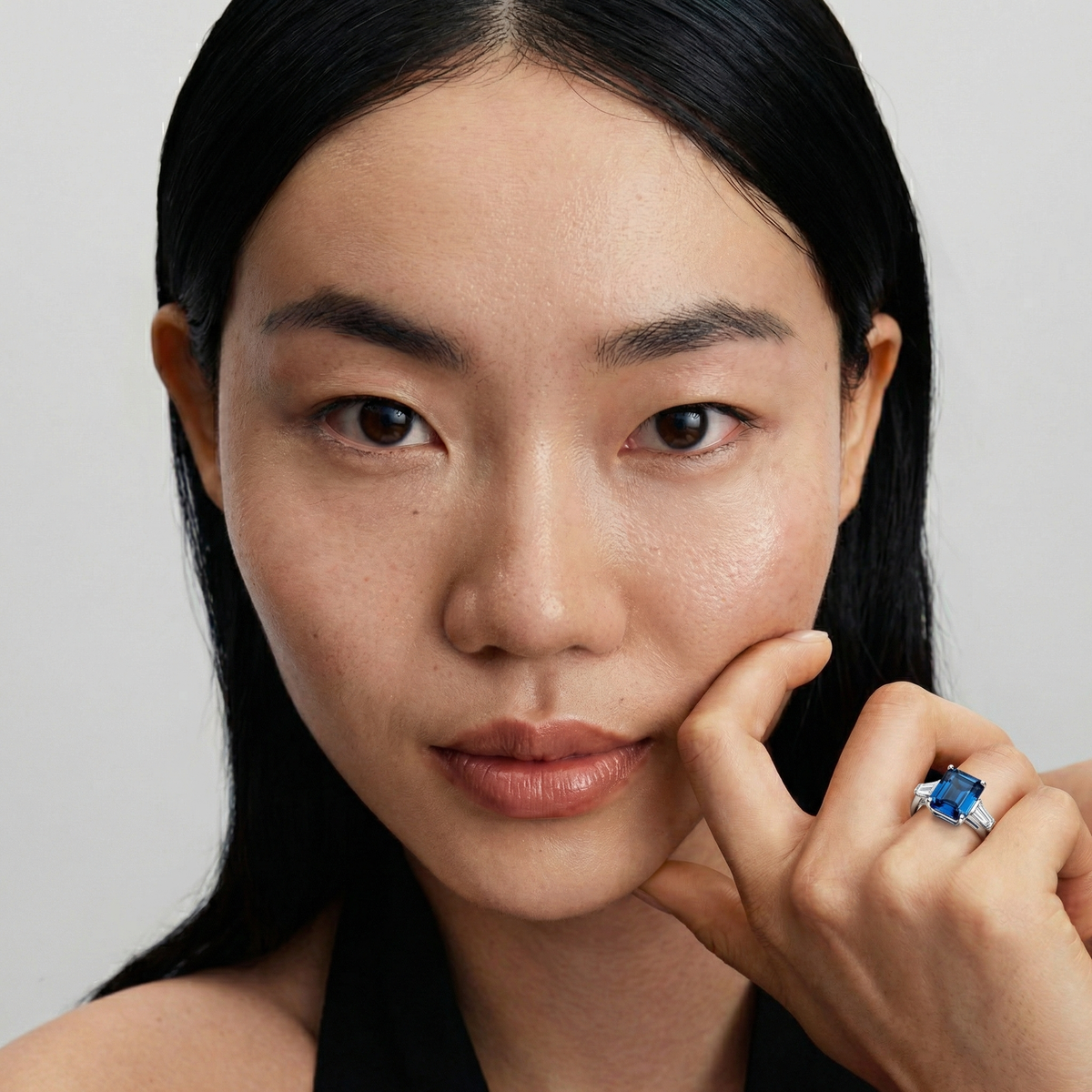 Radiant Trilogy Ring with Blue Radiant Stone – on White Gold