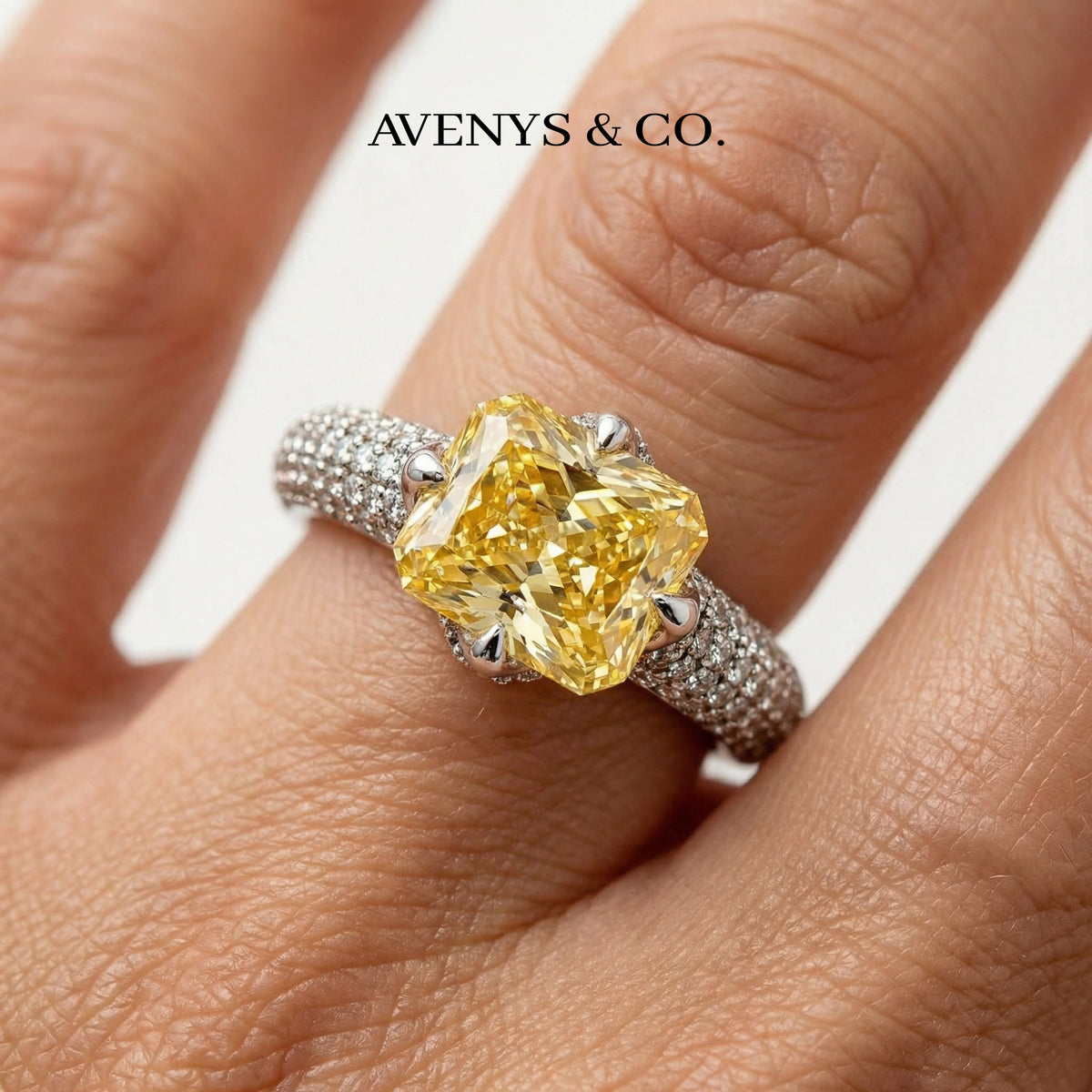 Radiant Horizon Pave Ring with Yellow Radiant Stone – on White Gold