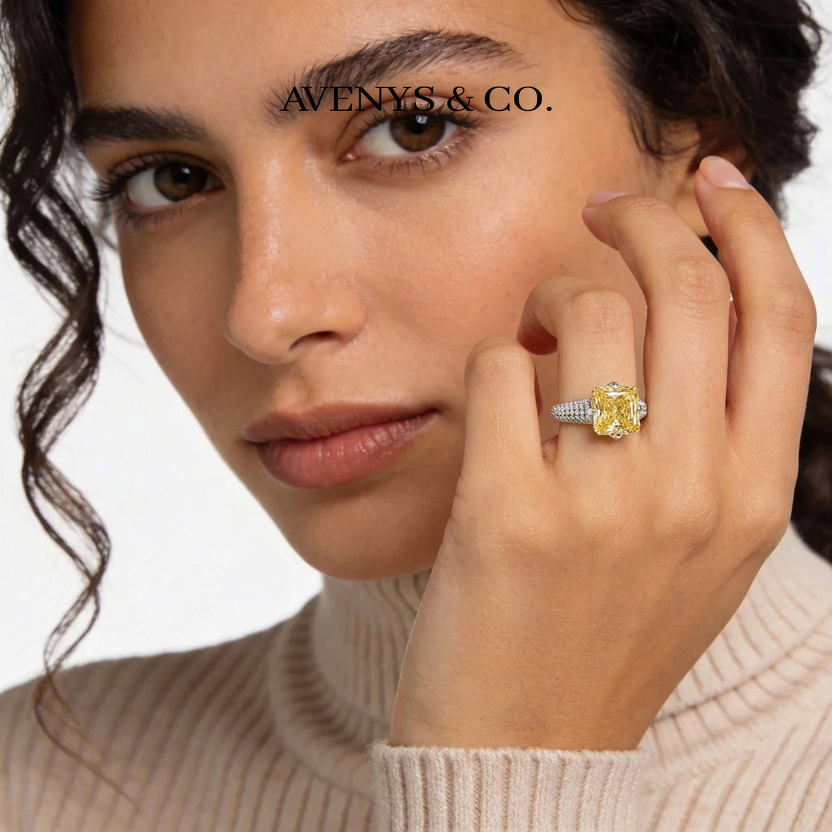 Radiant Horizon Pave Ring with Yellow Radiant Stone – on White Gold