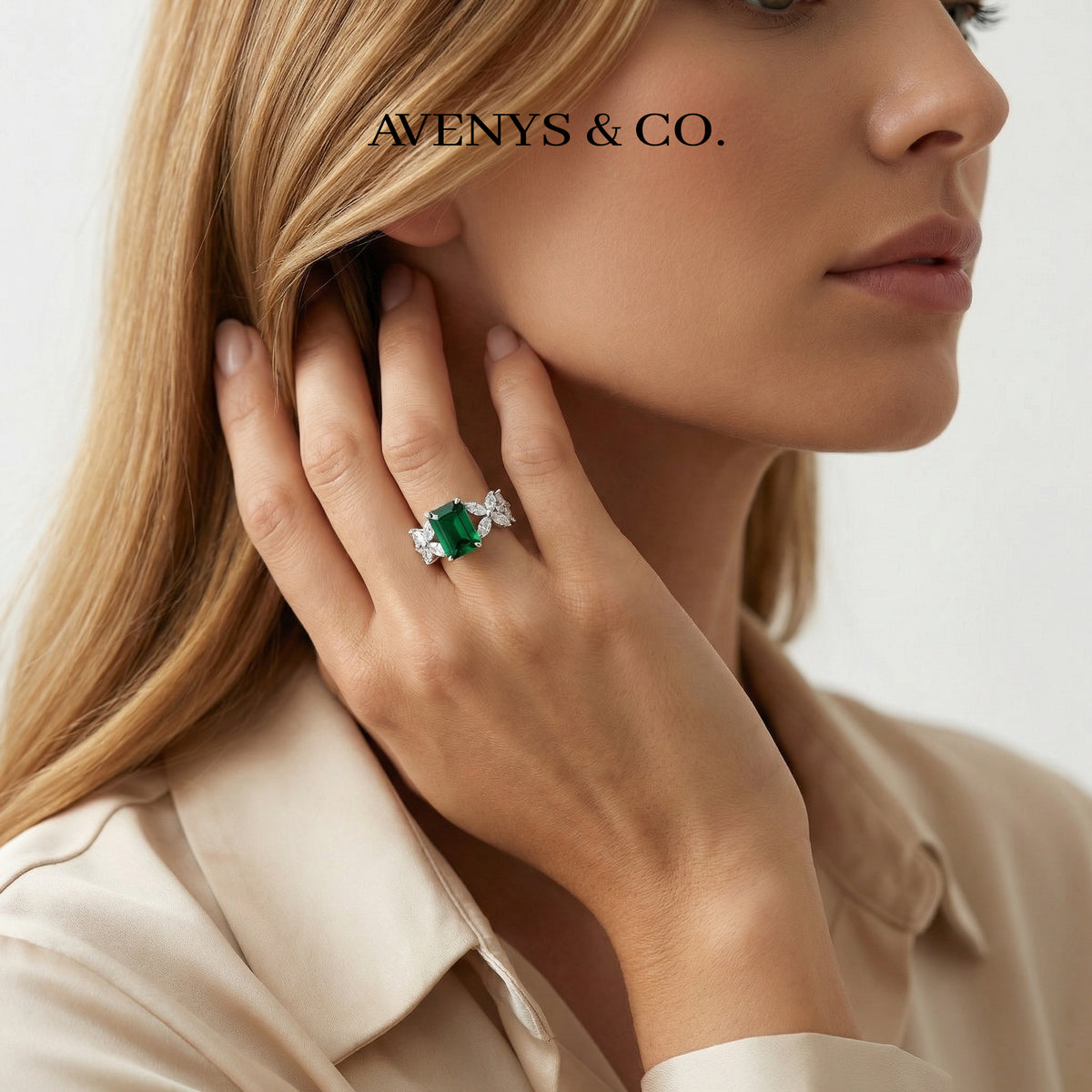 Emerald Marquis Ring with Green Emerald Stone – on White Gold