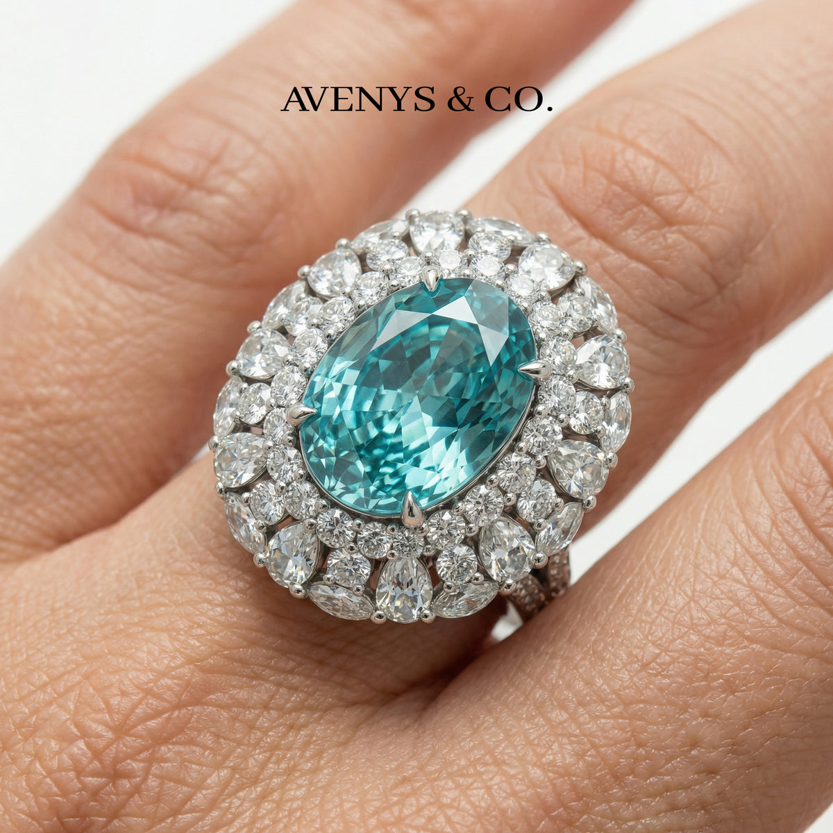 Seafoam Halo Ring with Paraiba Oval Stone – on White Gold
