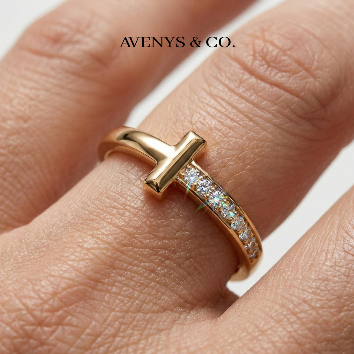 T Half Pave Ring with White Round Stone – on Yellow Gold