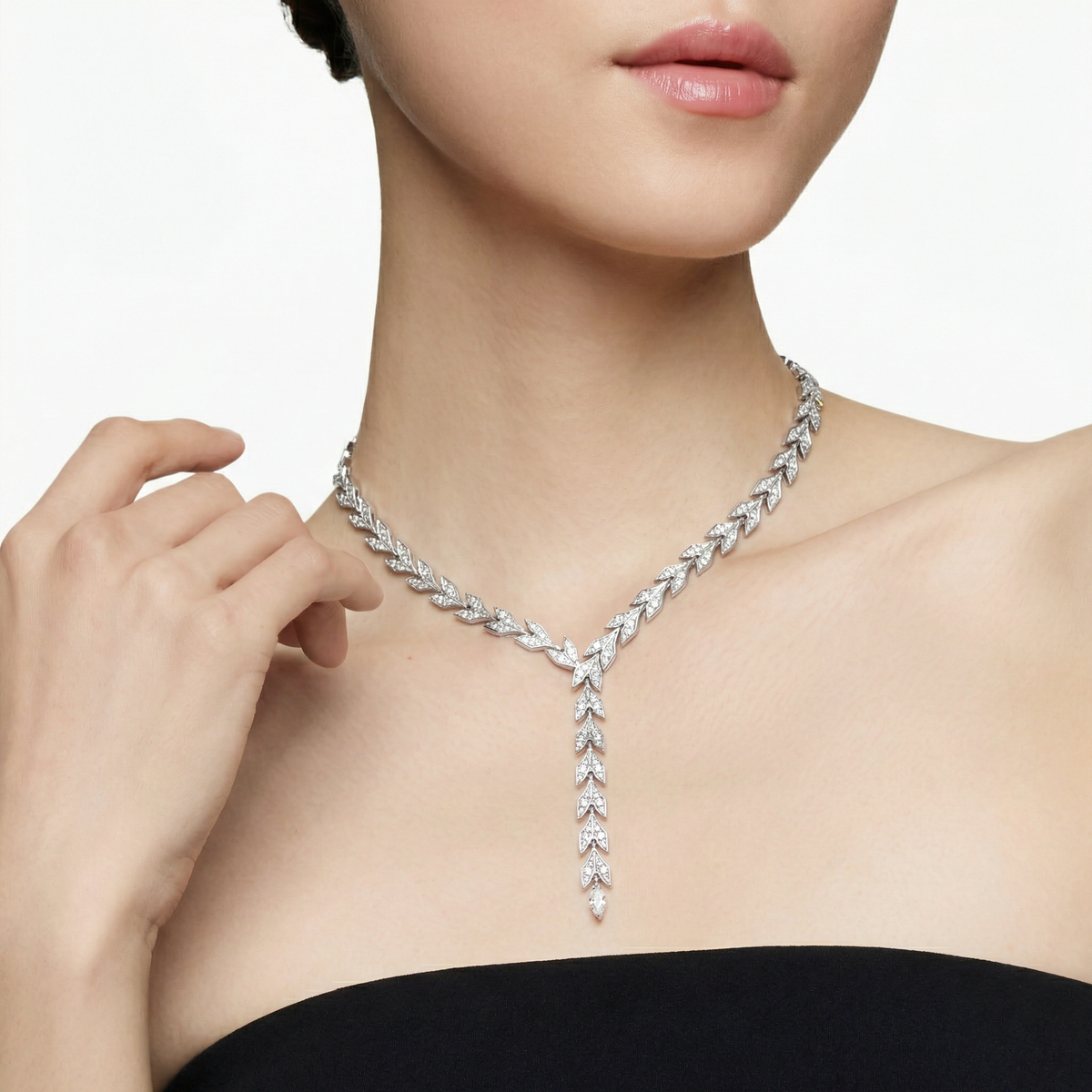 Leaf Necklace with White Round Stone – on White Gold