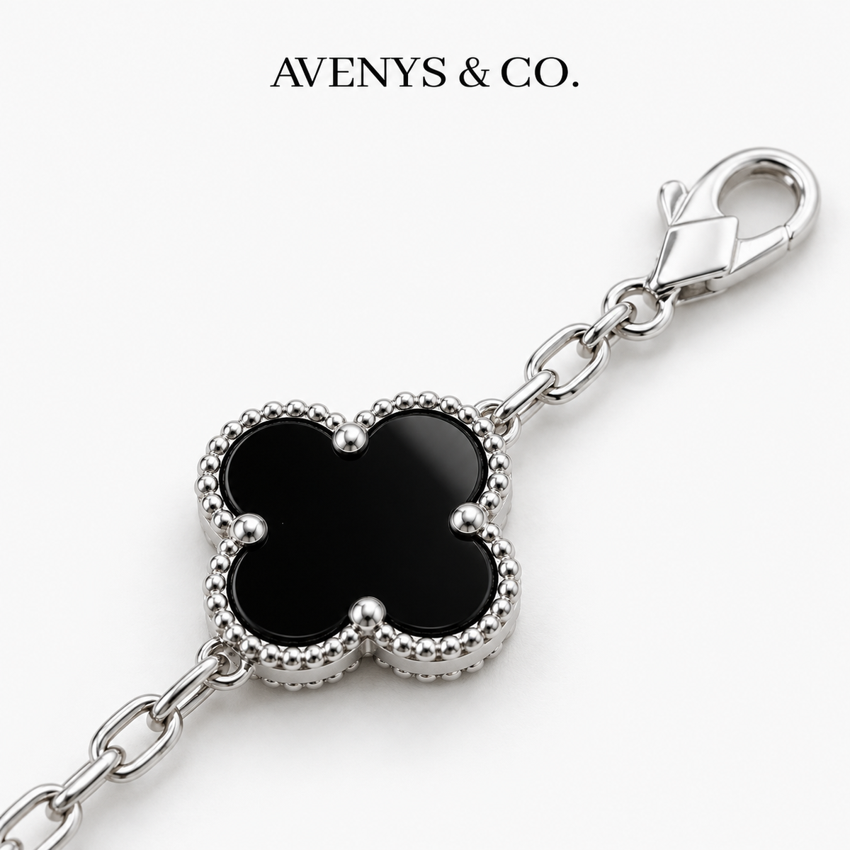 AV Bloom™ black motif and lobster clasp detail