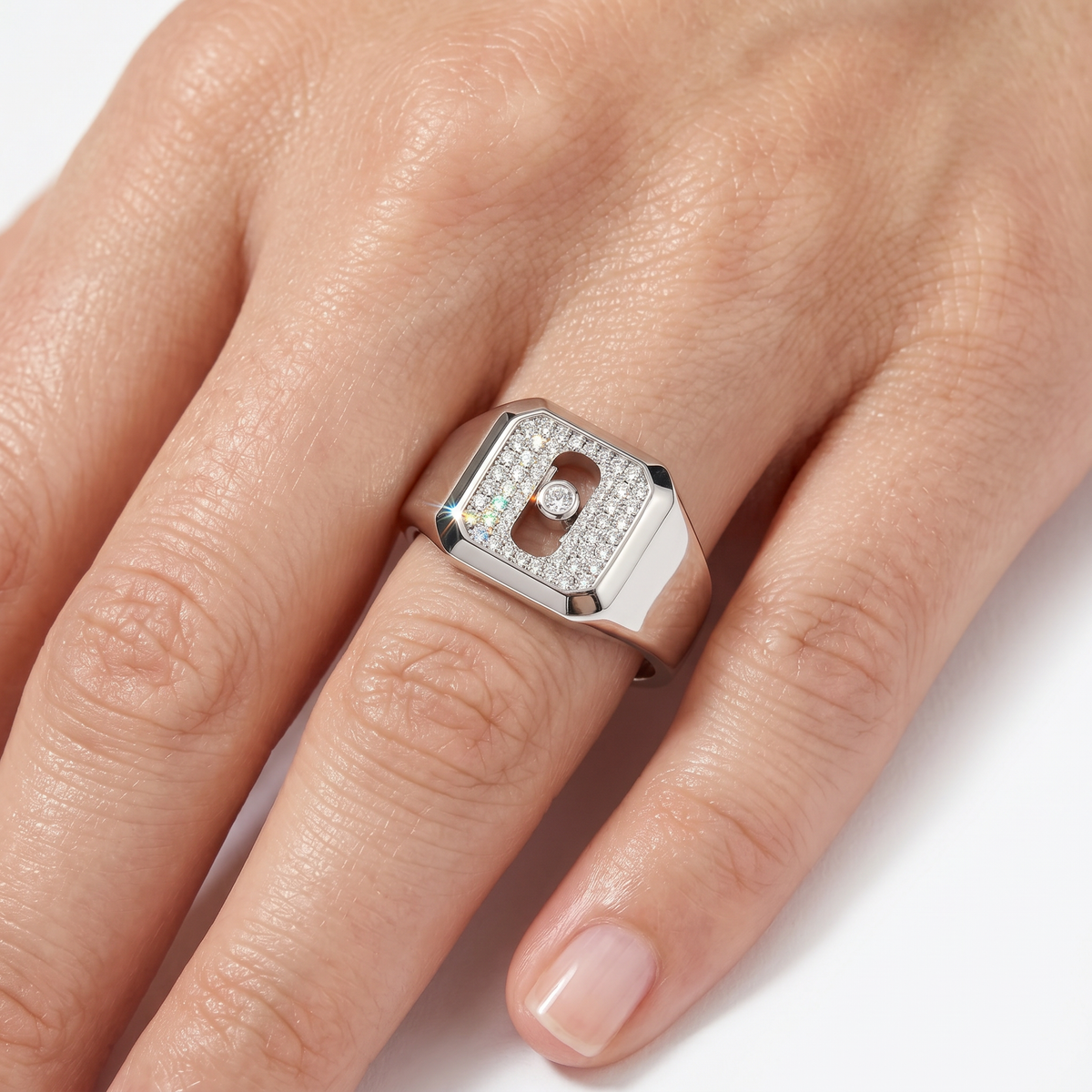 AV Glide™ Pave Signet Ring – on White Gold, view 6