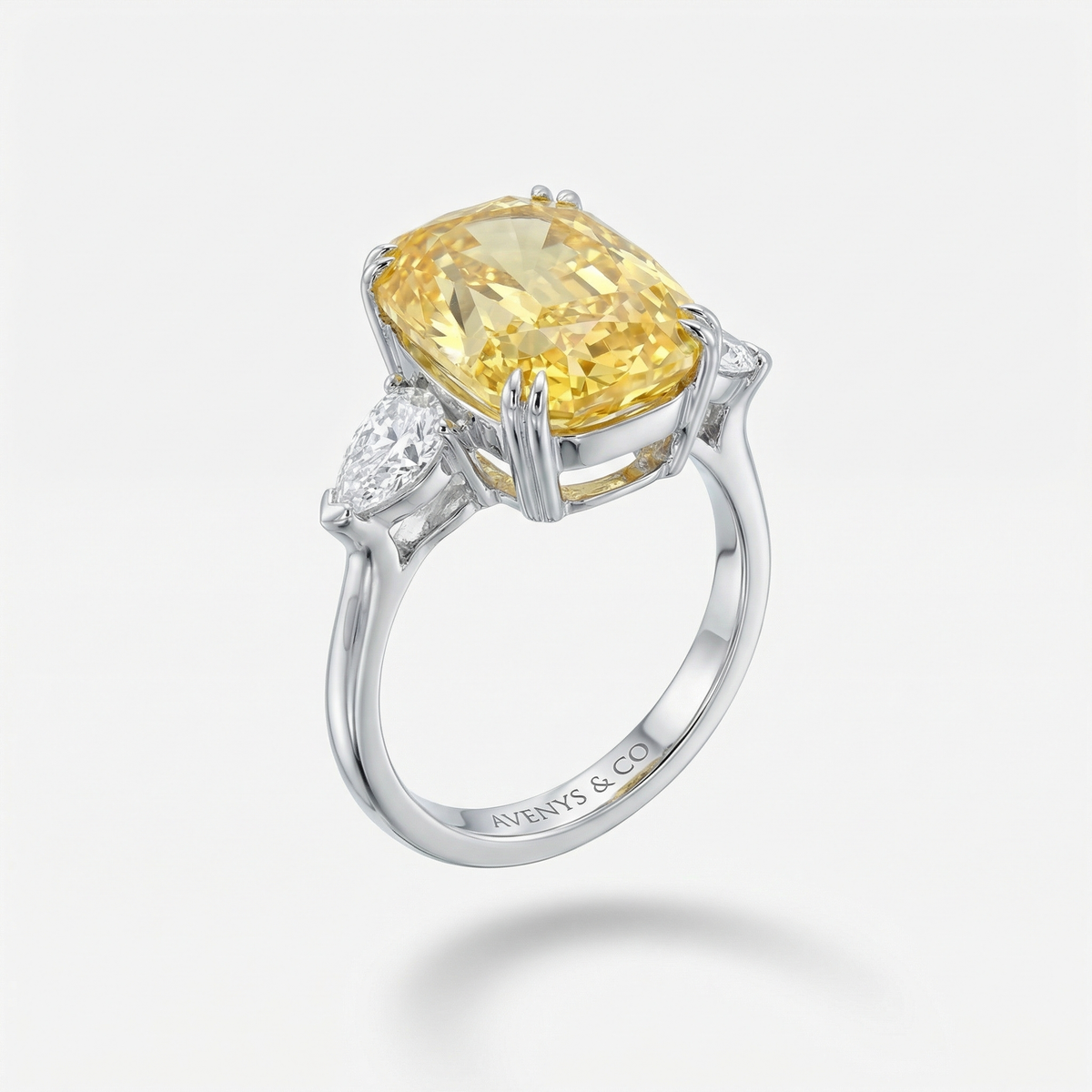 Queens Oval Ring with Yellow Oval Stone – on White Gold — Different elevated side angle of Queens Oval yellow ring