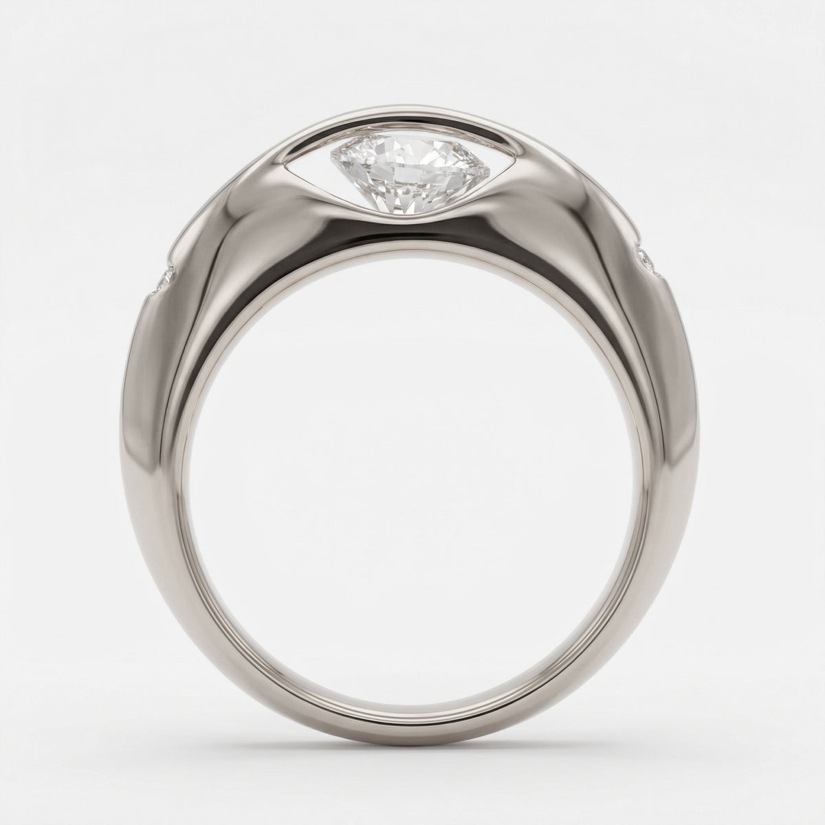 Dancing Diamonds Slim Ring with White Round Stone – on White Gold — Direct side profile