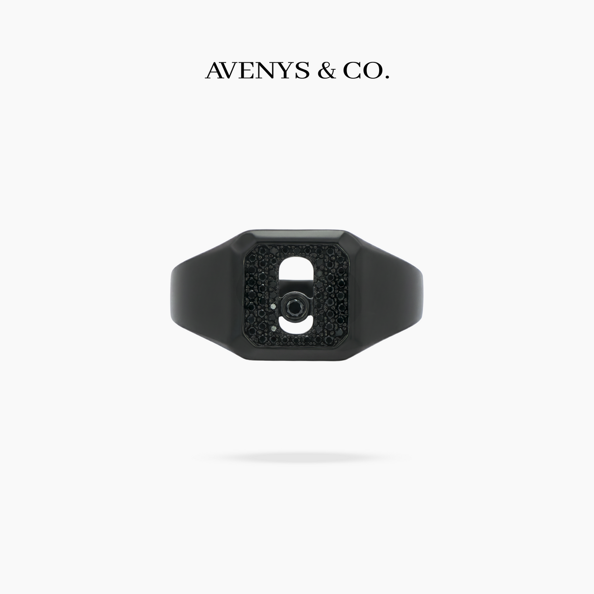 AV Glide™ Pave Signet Ring - on Black Gold — black stones, front view