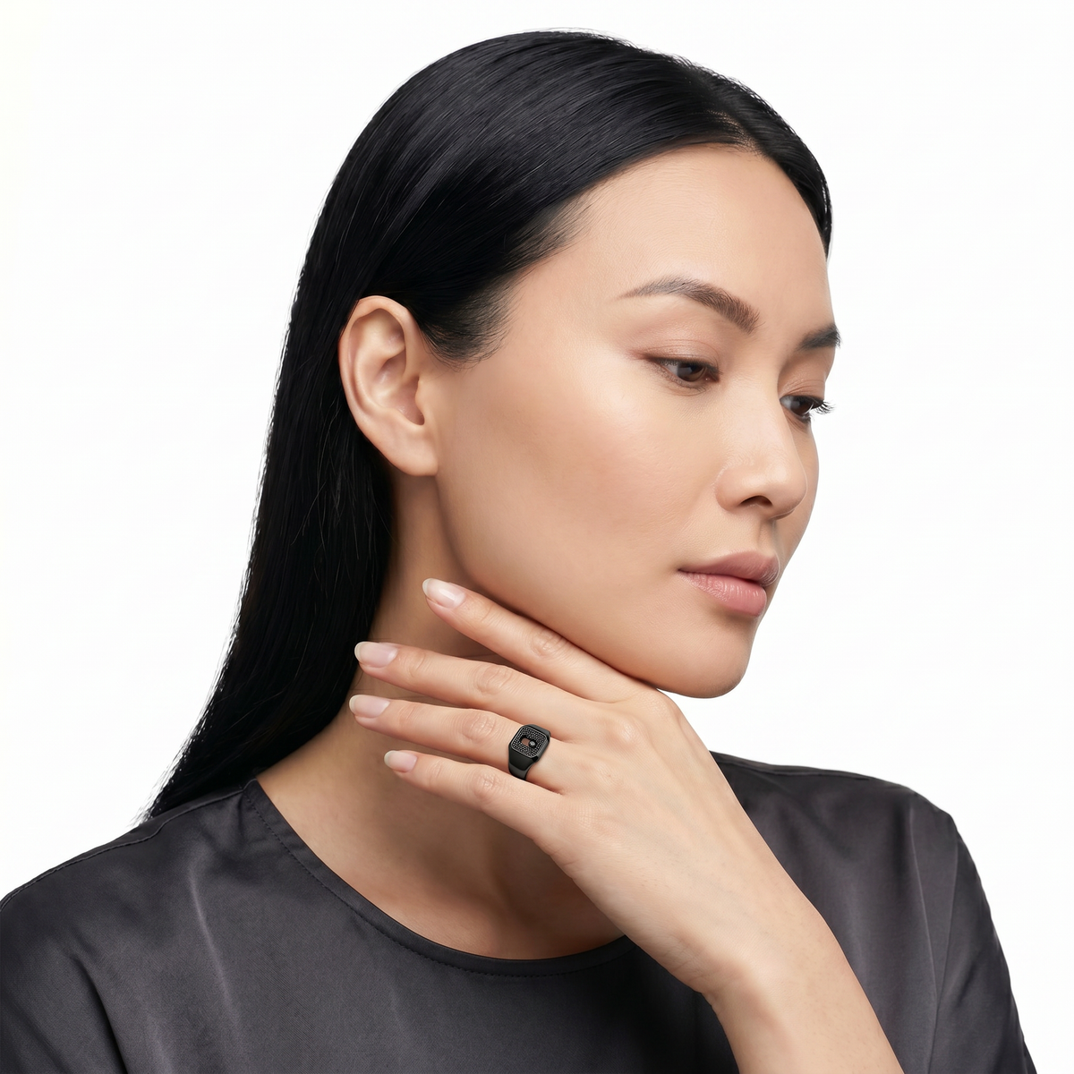 AV Glide™ Pave Signet Ring - on Black Gold — black stones, female model