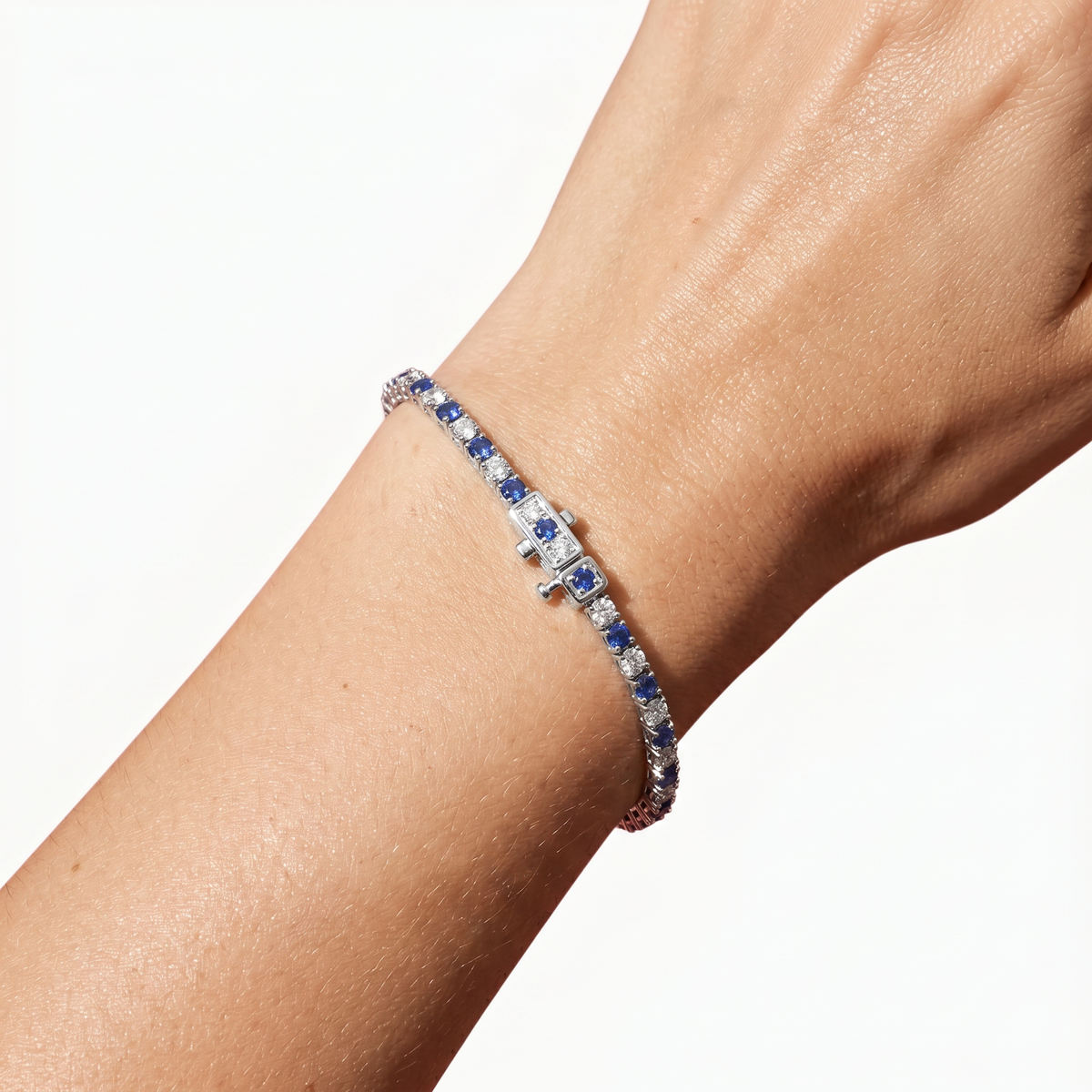 Alternating Blue White Tennis Bracelet - on White Gold — WEB view 5
