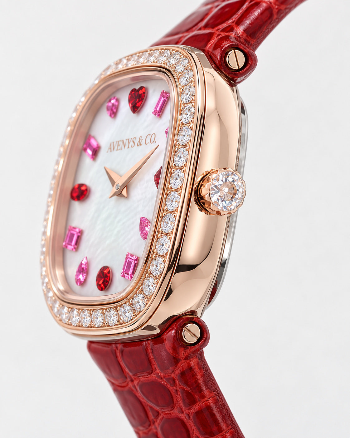 Avenys Capri Scarlet watch, side view of the stone-set crown and case profile