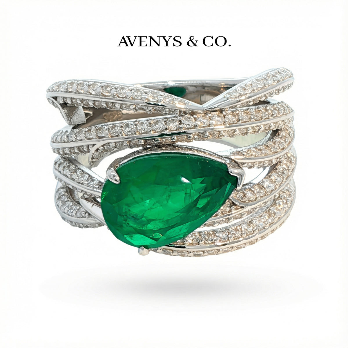 Ribbon Classic Ring with Green Oval Stone – on White Gold — additional WEB view