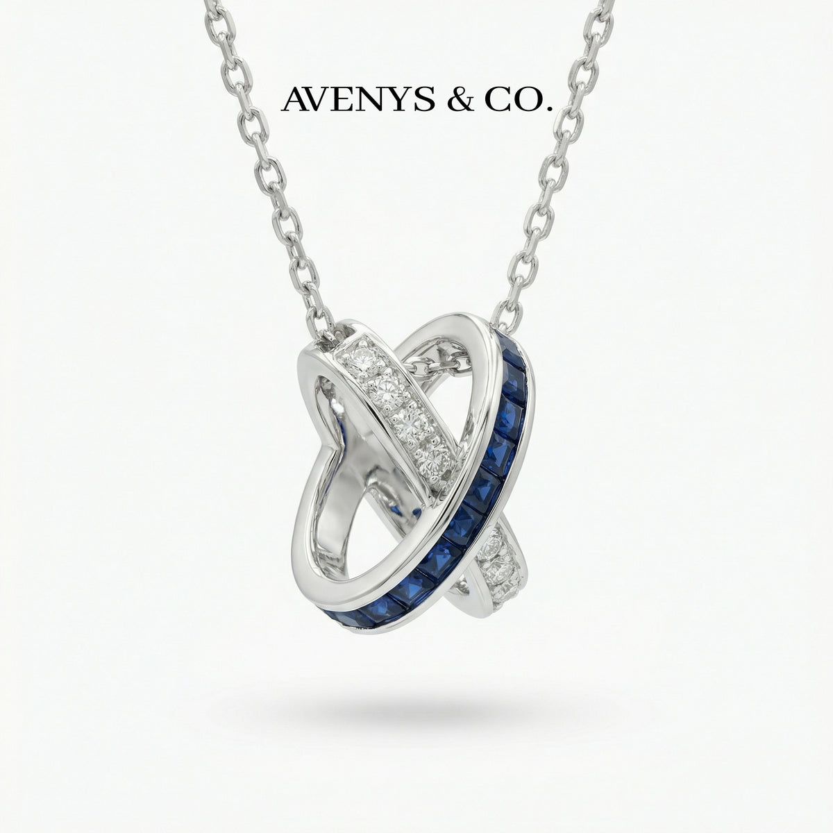 Interlink Necklace with Blue Emerald Stone – on White Gold — additional WEB view