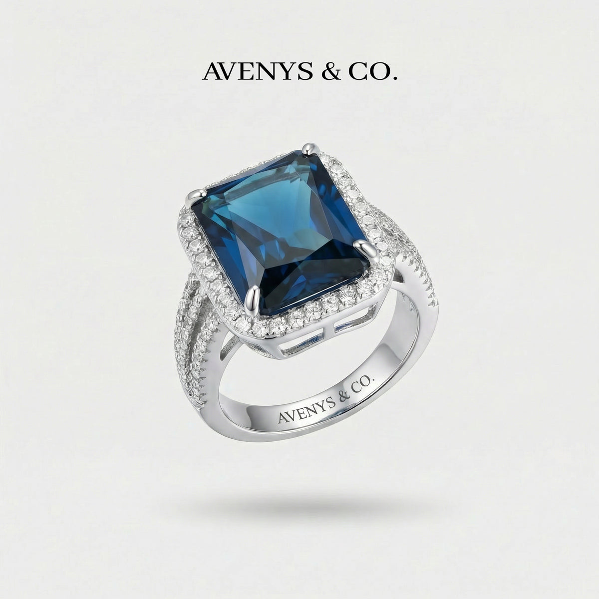 Triple Shank Radiant Ring with Blue Radiant Stone – on White Gold — additional WEB view