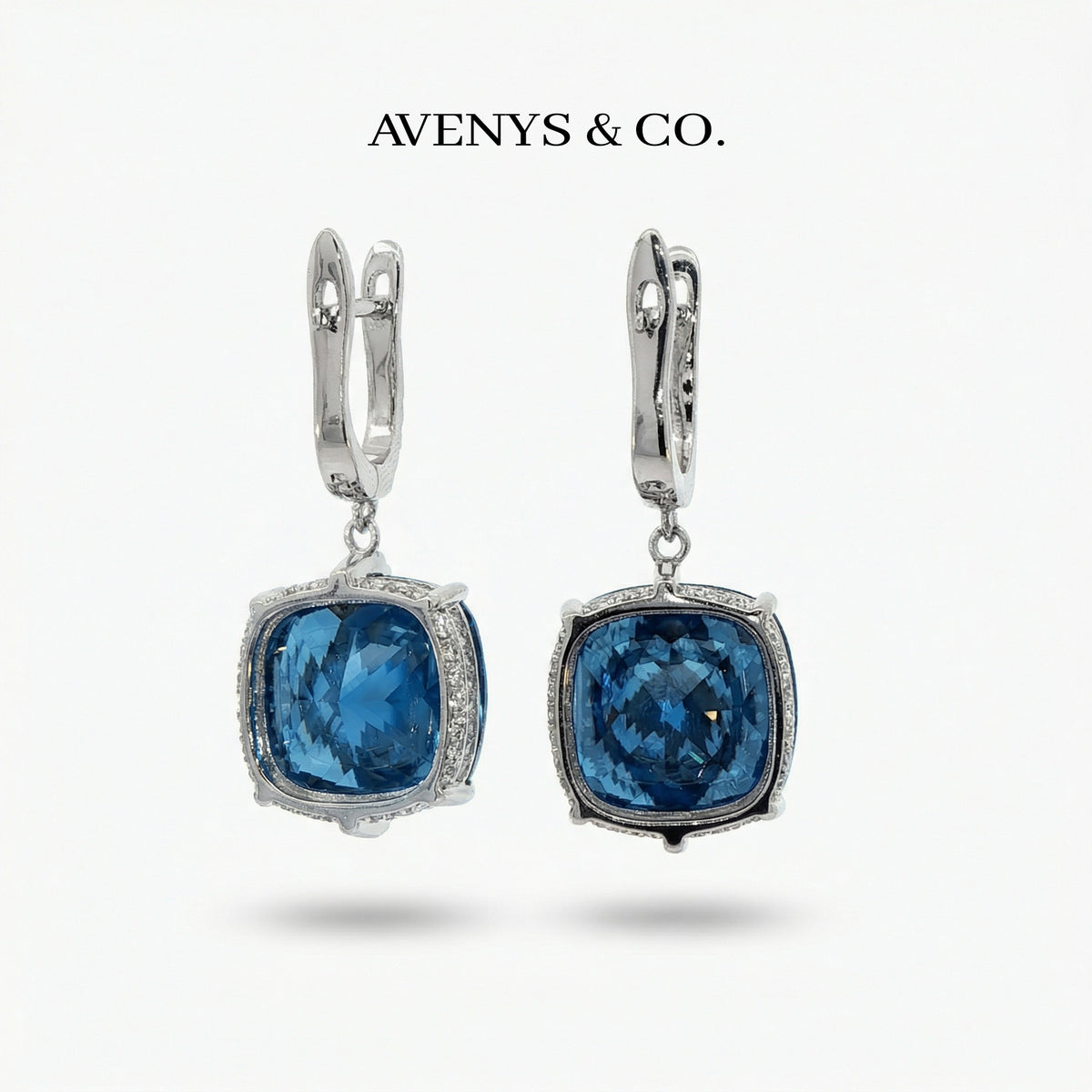 Embrace Pave Earrings with Blue Cushion Stone – on White Gold