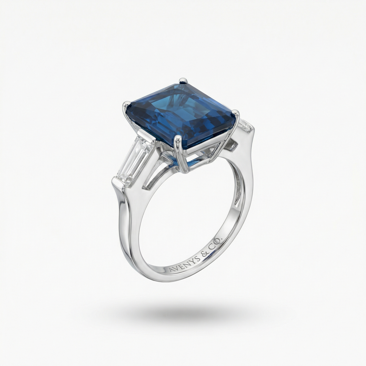 Radiant Trilogy Ring with Blue Radiant Stone – on White Gold