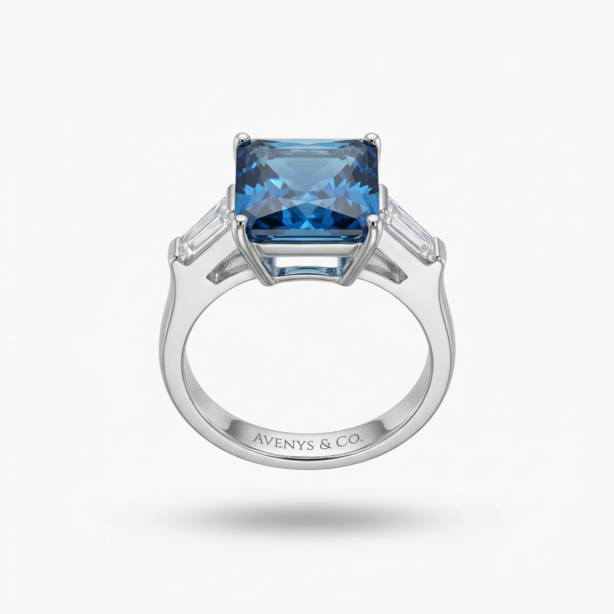 Radiant Trilogy Ring with Blue Radiant Stone – on White Gold