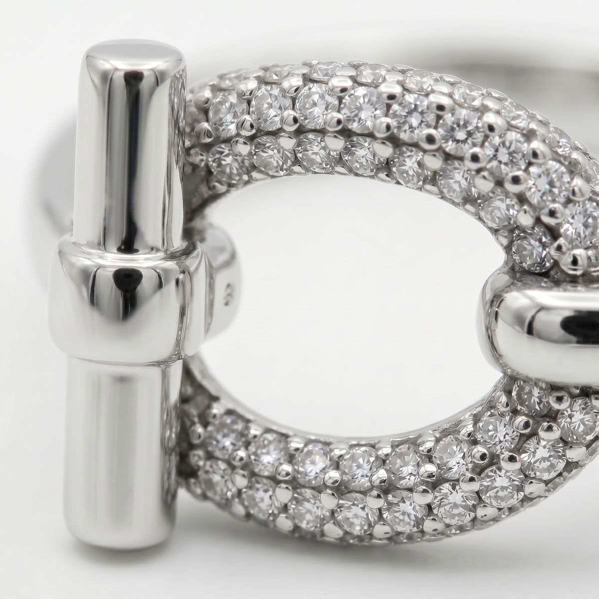 Buckle Pave Ring with White Round Stone – on White Gold — pavé detail