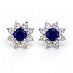 Classic Star Halo Earrings with Round Blue Stone - on White Gold