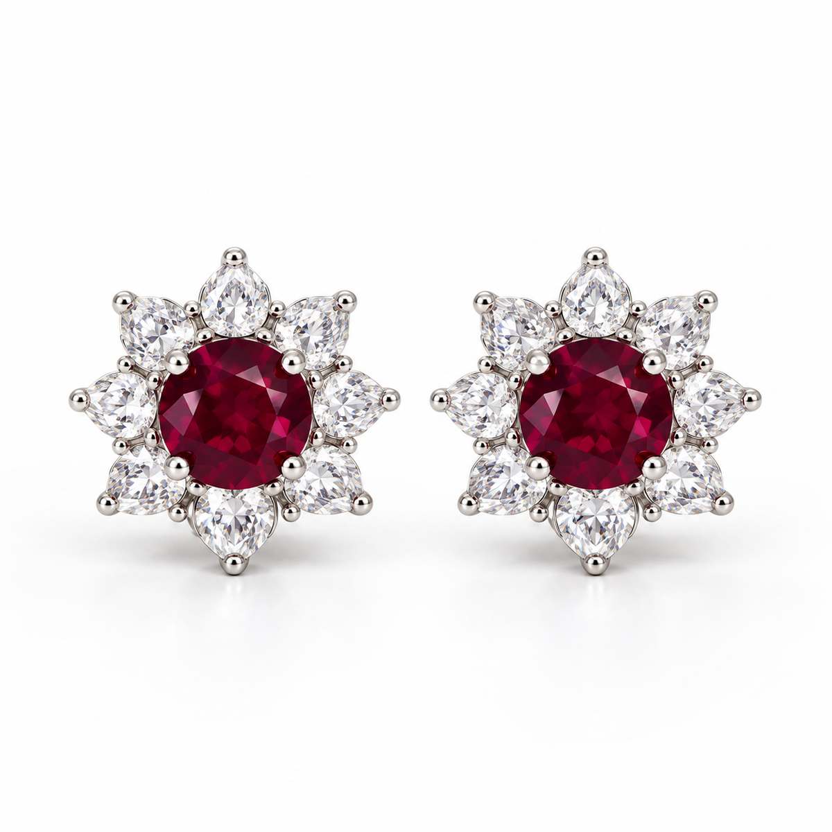 Classic Star Halo Earrings with Round Red Stone - on White Gold
