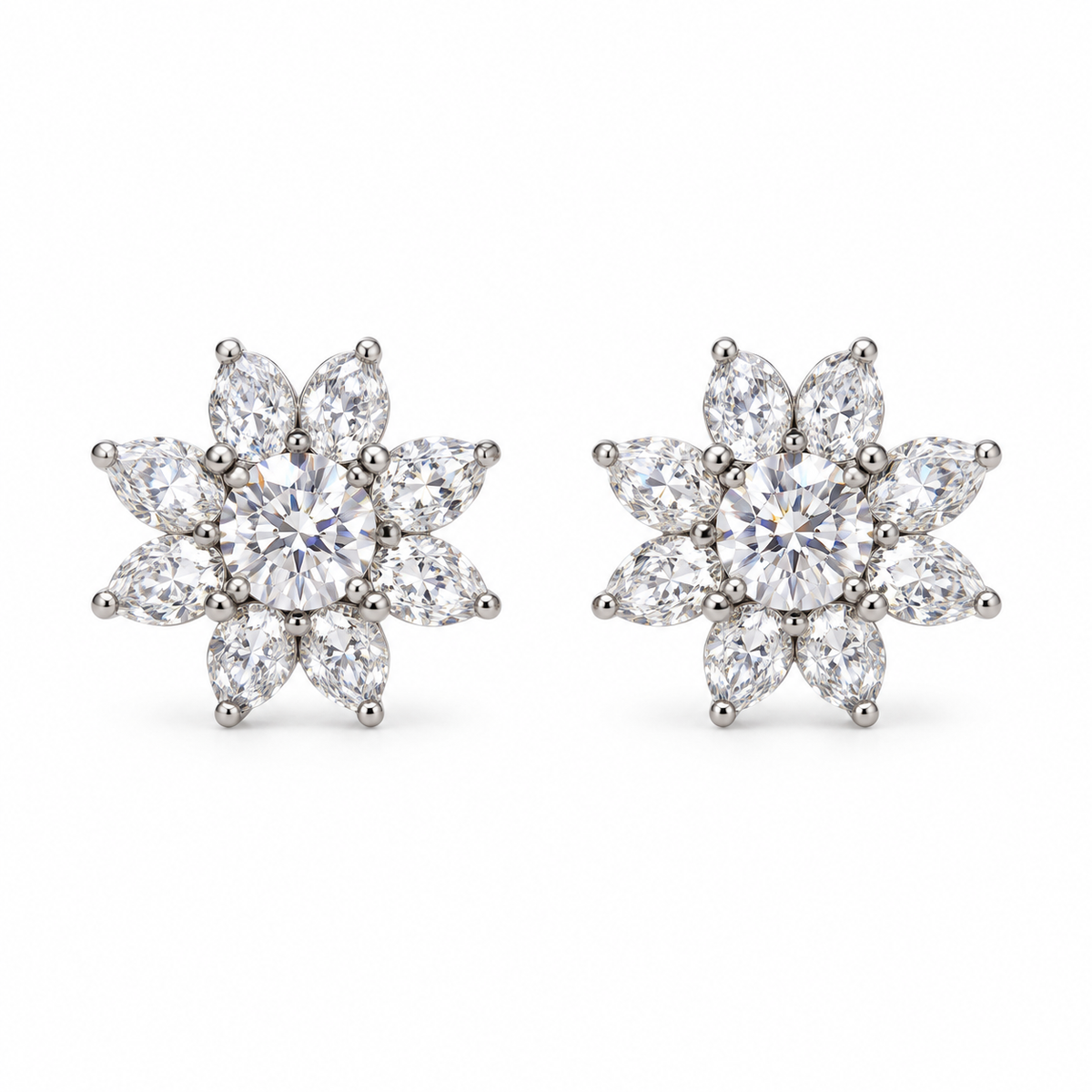 Classic Star Halo Earrings with White Round Stone - on White Gold