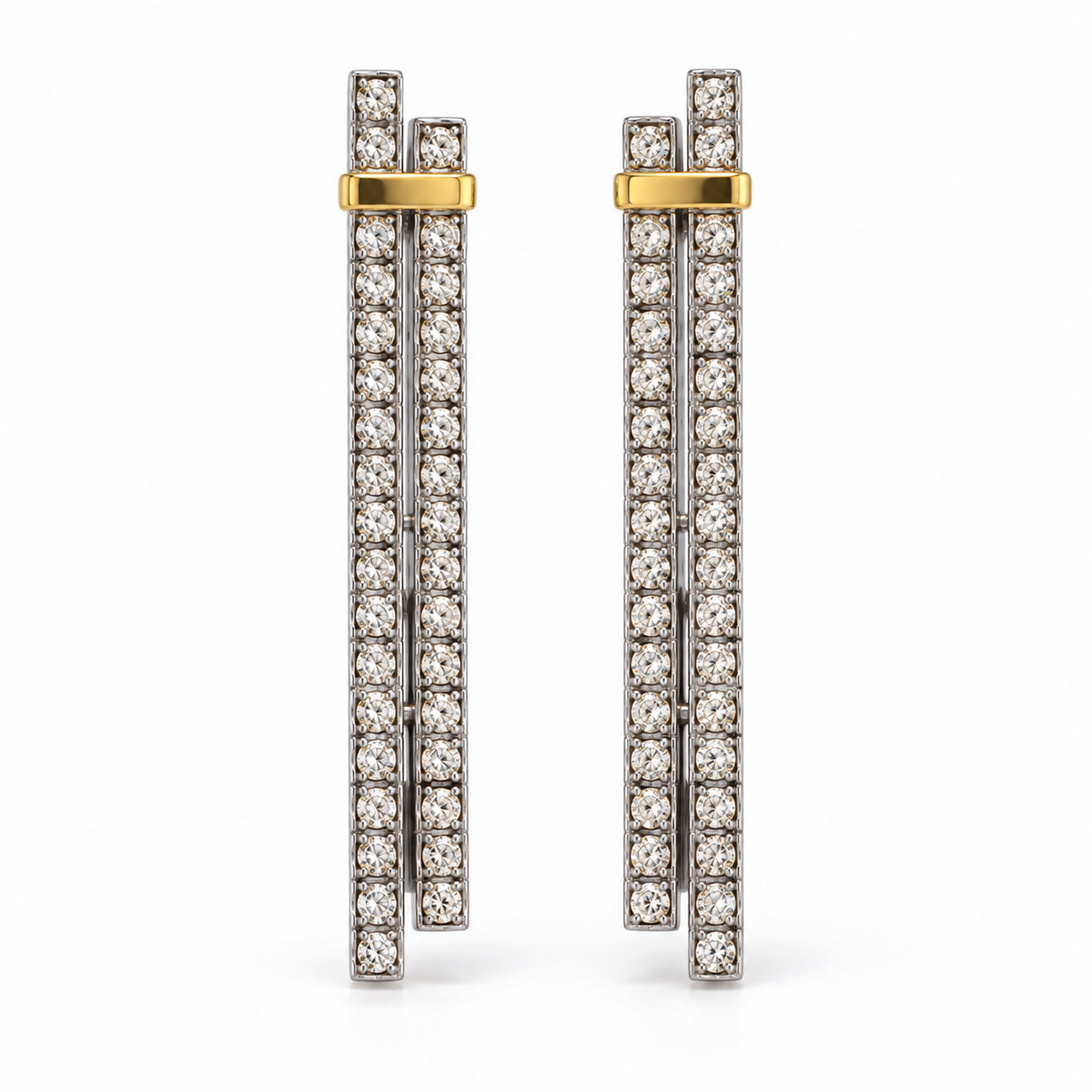 Pair of double-bar drop earrings with white stones and gold-tone connecting details on a white background.