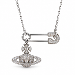 Safety Pin Orb Necklace with White Round Stone - on White Gold