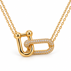 Linked U Necklace with White Round Stone - on Yellow Gold