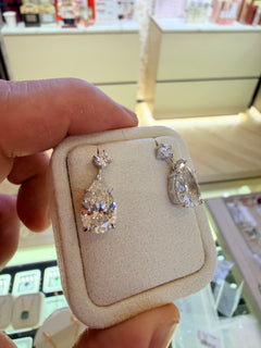 Round Stud Pear Drop Earrings with White Pear Stone - on White Gold — provisional catalogue reference