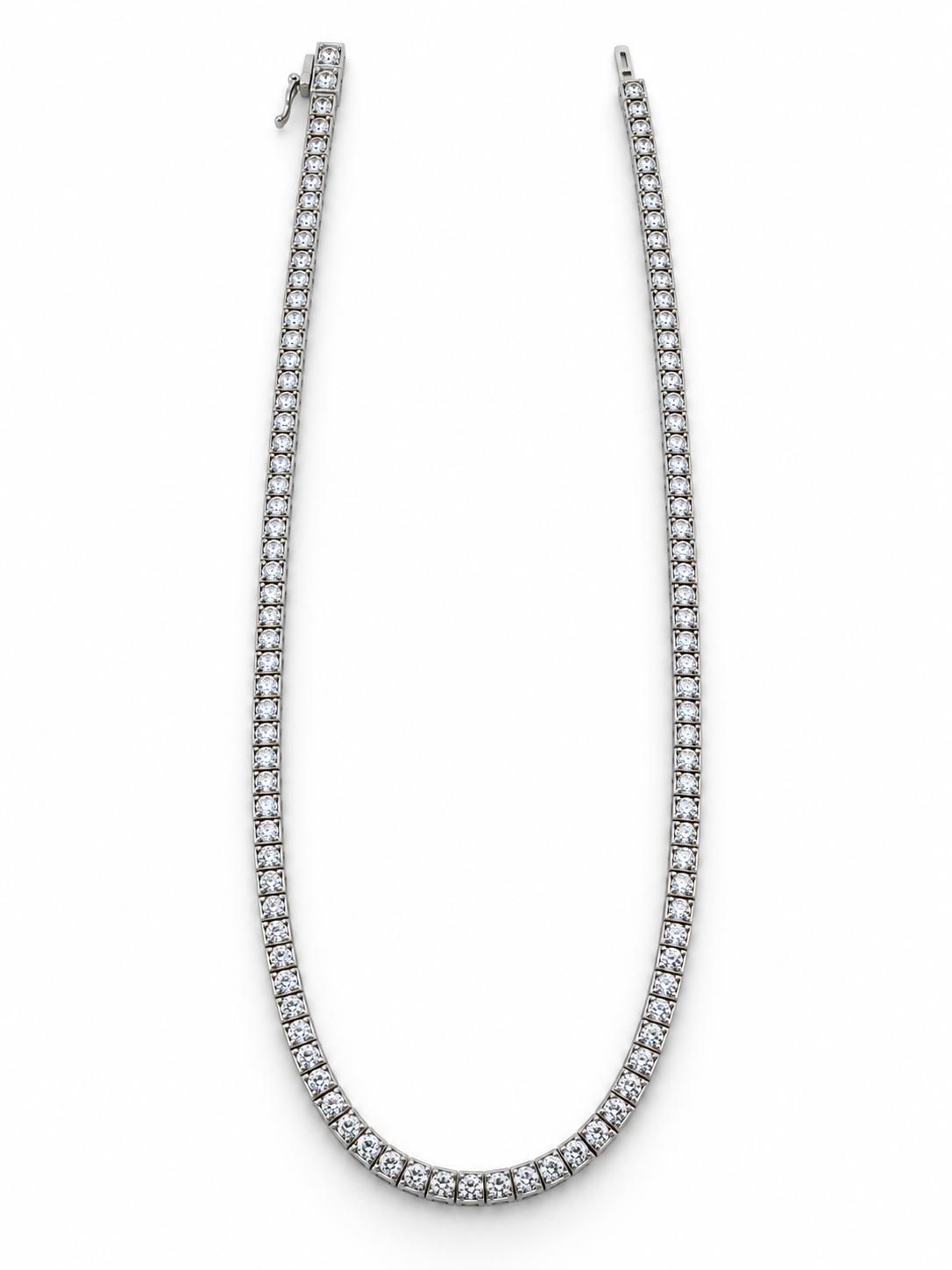 Single Row Tennis Necklace with white round stones on white gold, cleaned product reference