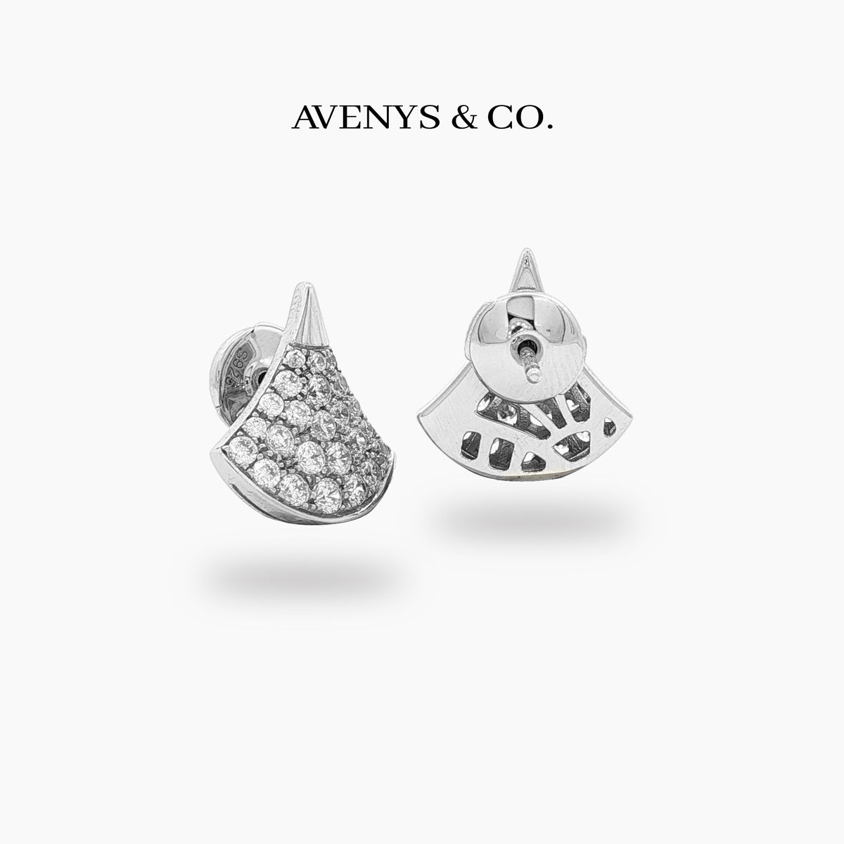 Fan Pave Earrings with White Round Stone – on White Gold