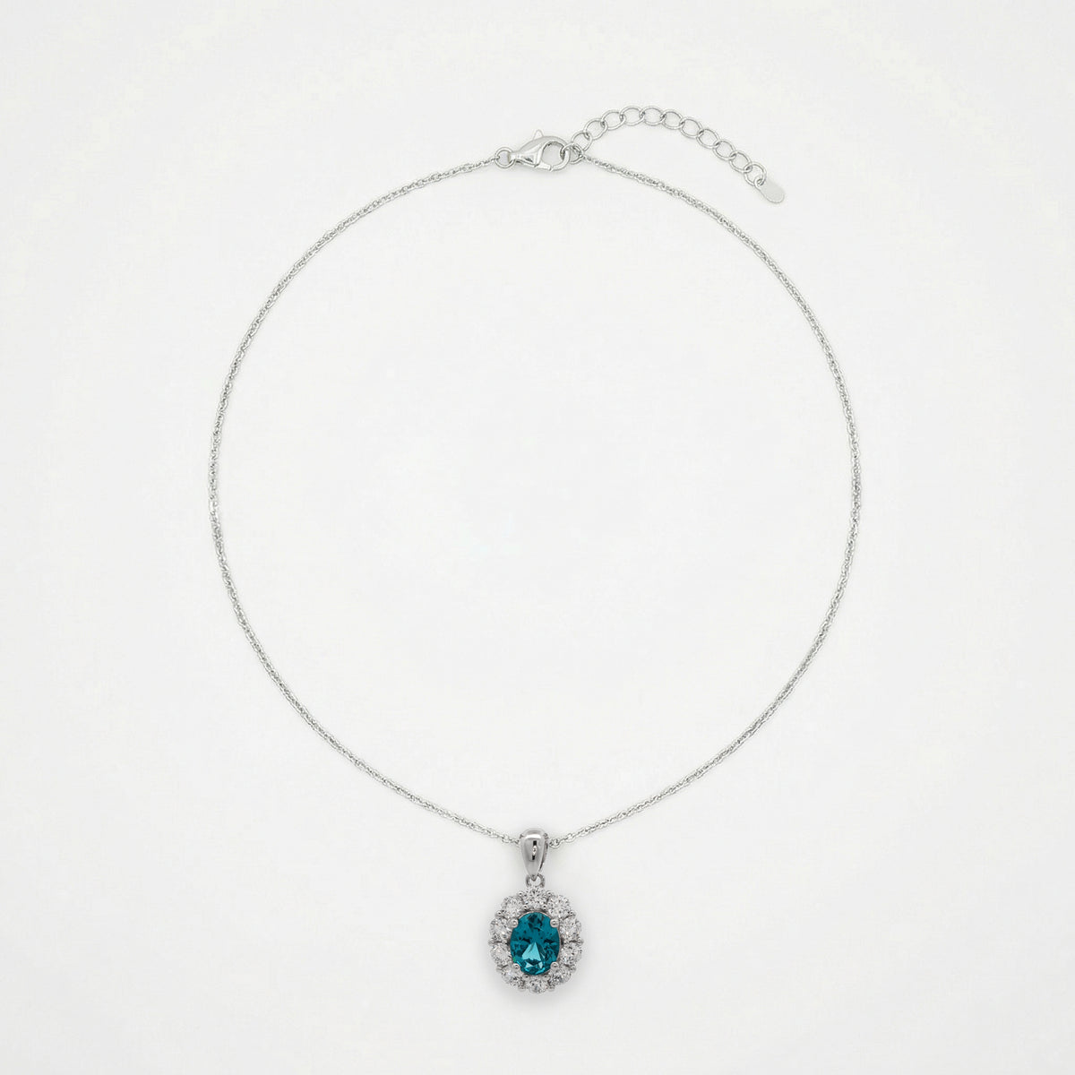 Peacock Blue Sapphire Oval Charm Necklace in White Gold Finish Silver