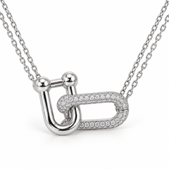 Linked U Necklace with White Round Stone - on White Gold