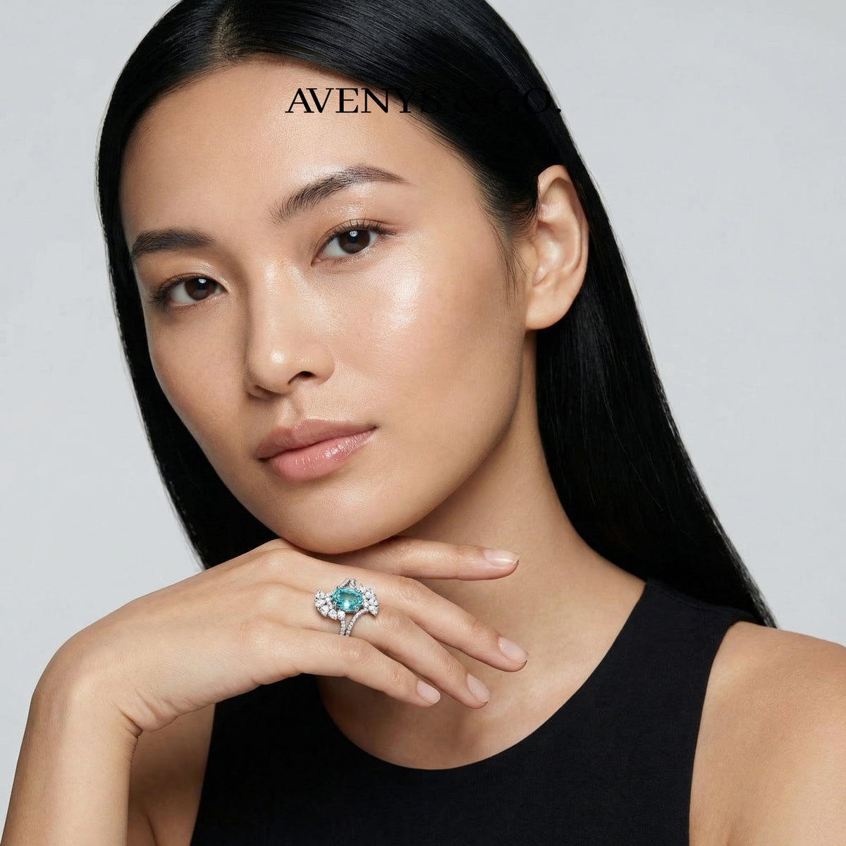 Lagoon Pave Ring with Stacking Band with Paraiba Oval Stone – on White Gold
