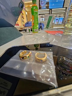 Original reference photo — Multicolour Stone Hoop Earrings on Yellow Gold, one pair with round stones