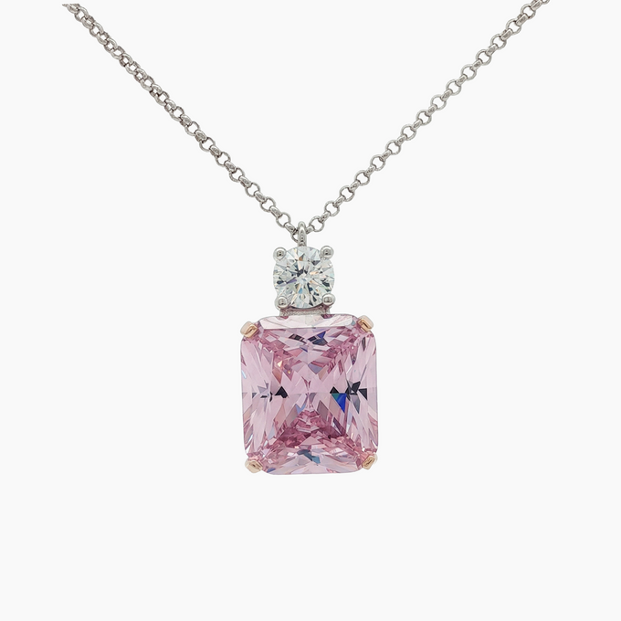 Radiant Pendant Necklace with Pink Radiant Stone – on White Gold