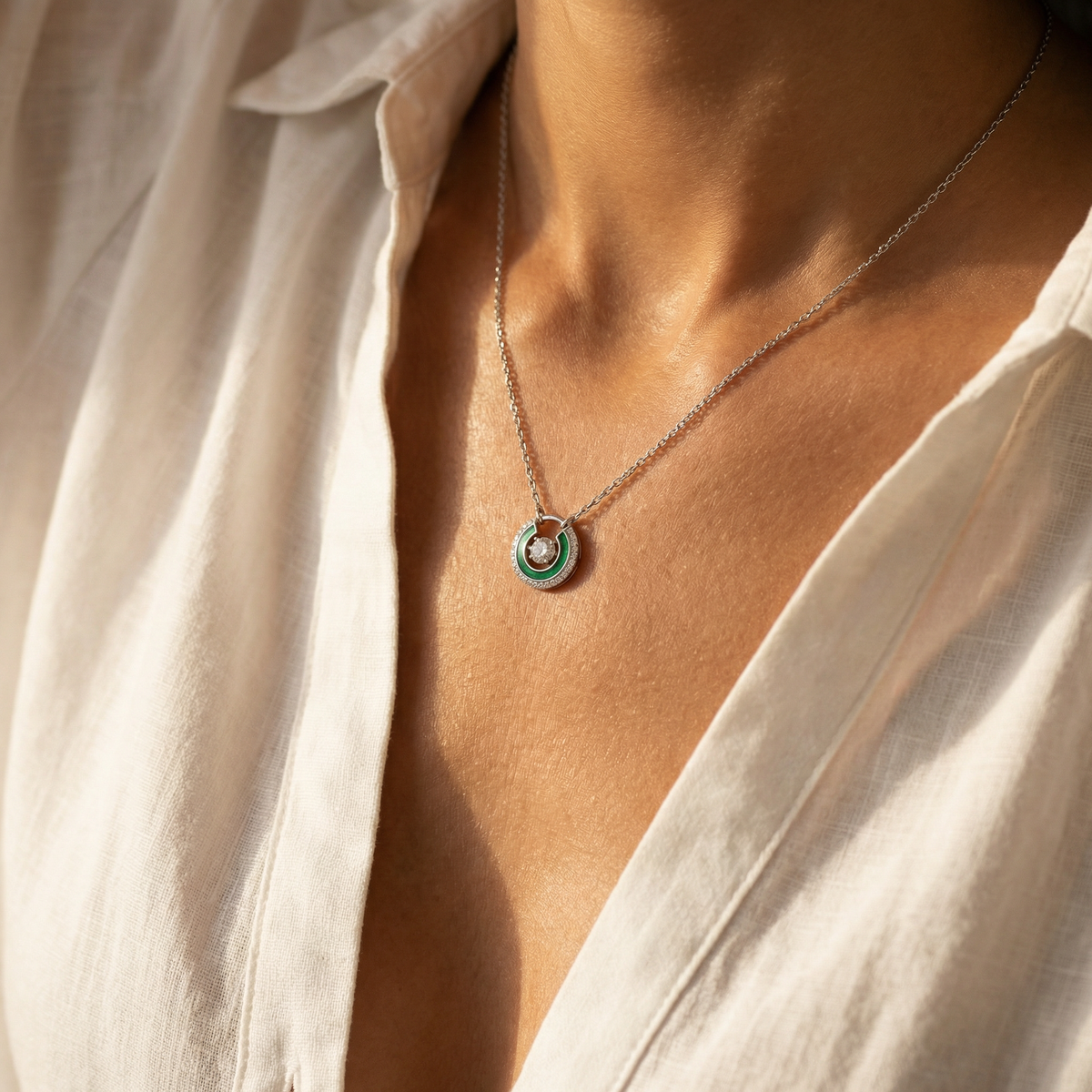 Floating Diamond Necklace with White Round Stone – on White Gold