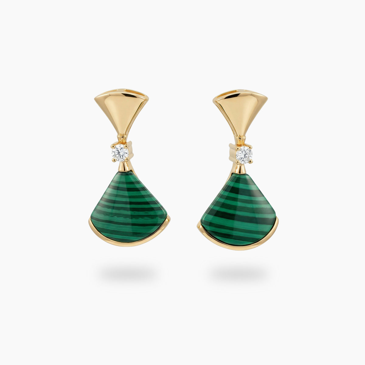 Fan Malachite Earrings with White Round Stone – on Yellow Gold