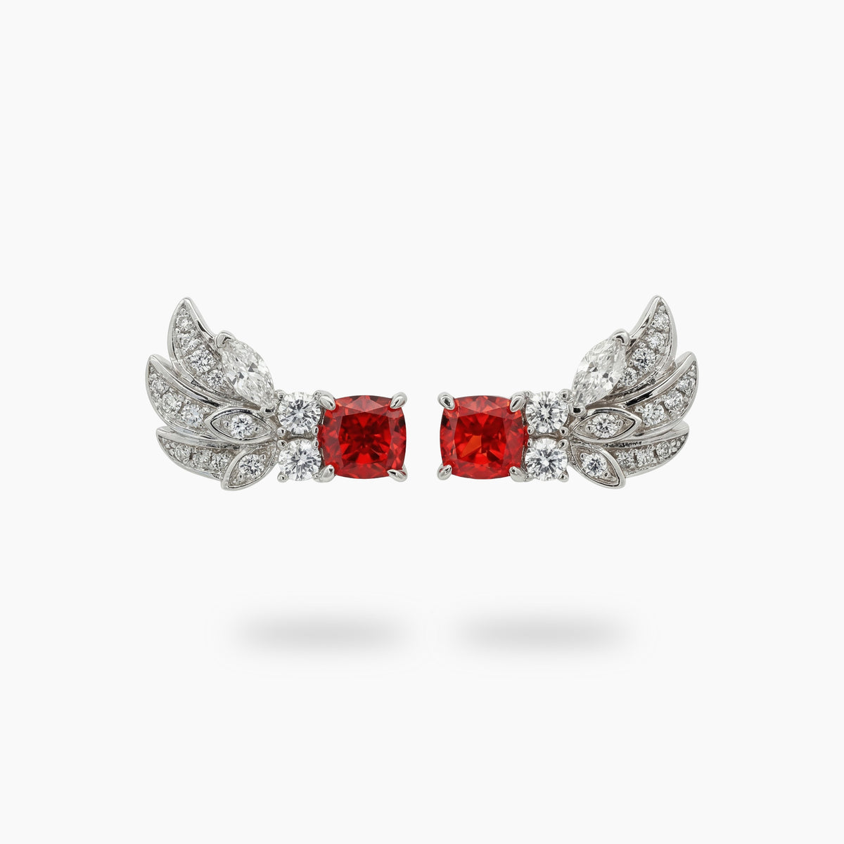 Red Wings Earrings with Red Cushion Stone – on White Gold