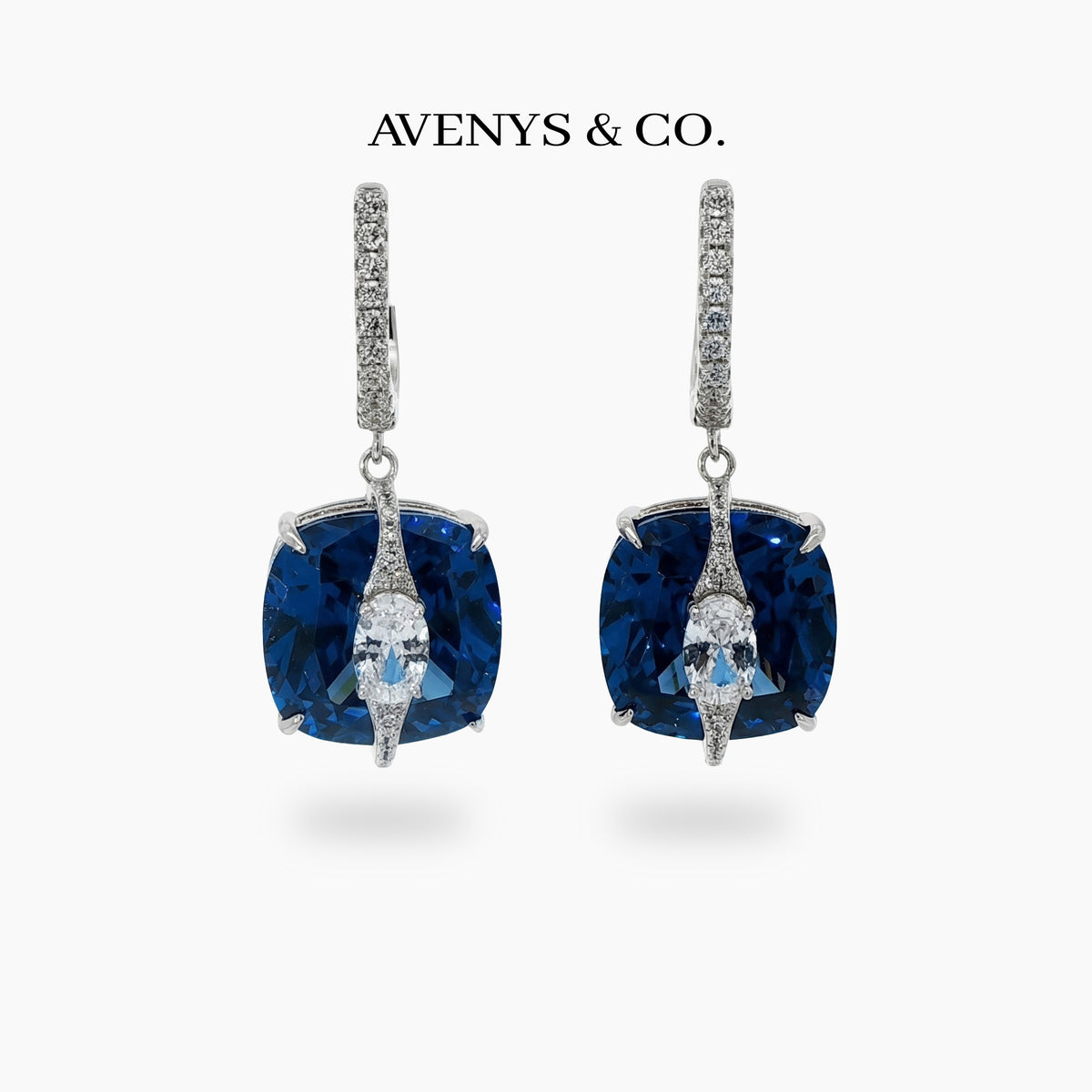 Embrace Pave Earrings with Blue Cushion Stone – on White Gold