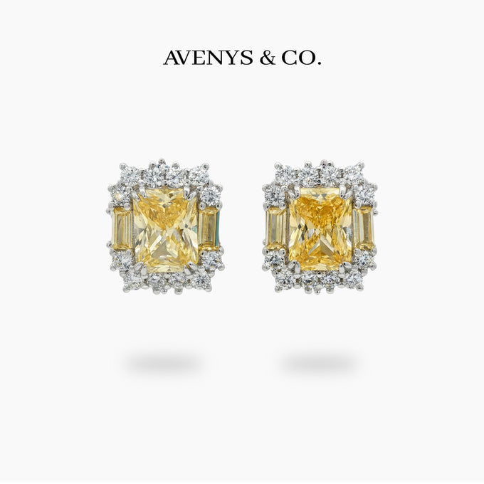 Sunshine Halo Earrings with Yellow Radiant Stone – on White Gold