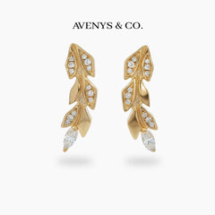 Leaf Earrings with White Round Stone – on Yellow Gold