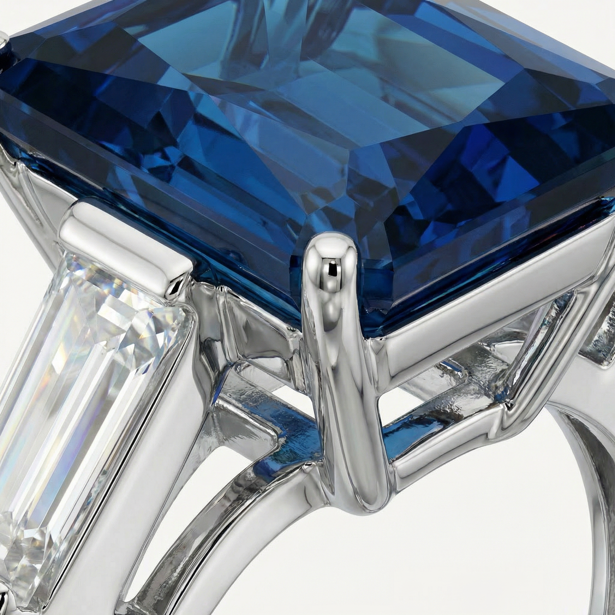 Radiant Trilogy Ring with Blue Radiant Stone – on White Gold