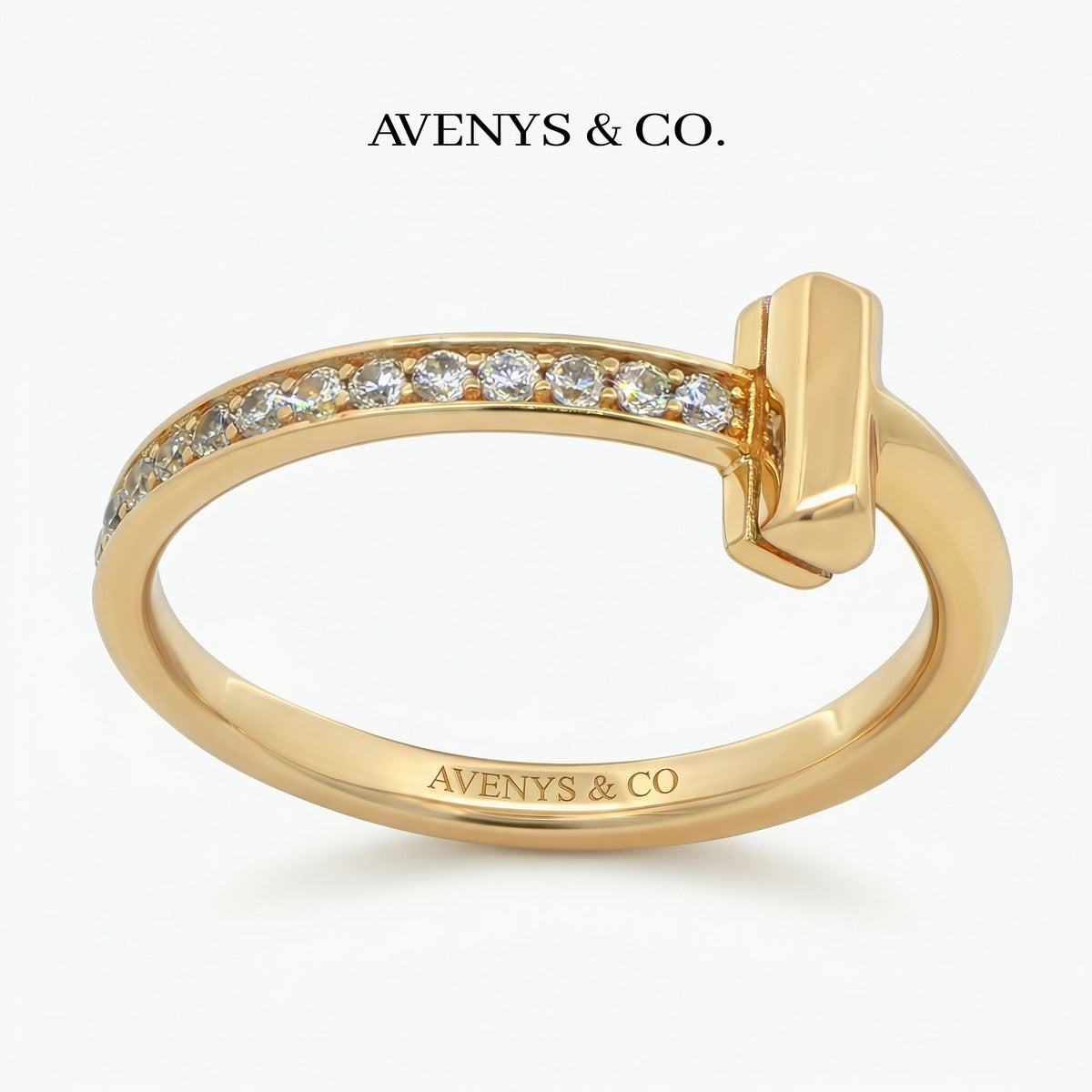 T Half Pave Ring with White Round Stone – on Yellow Gold