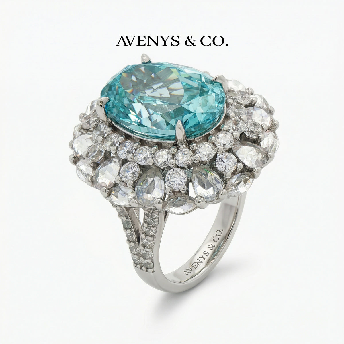 Seafoam Halo Ring with Paraiba Oval Stone – on White Gold